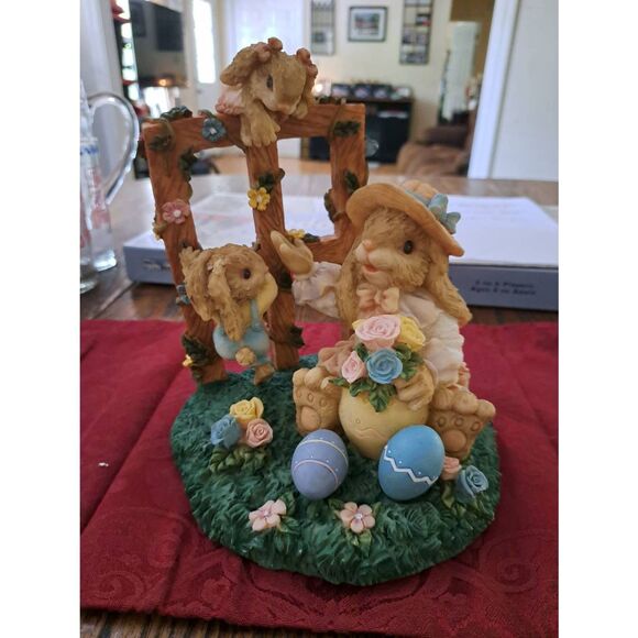 Garden Bunny Easter Figurine Resin Mama Rabbit w Baby Bunny Pastel Spring Decor - Picture 1 of 6